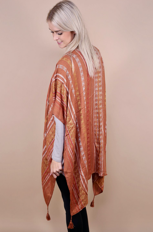 Durham Woven Striped Kimono With Tassels Brown